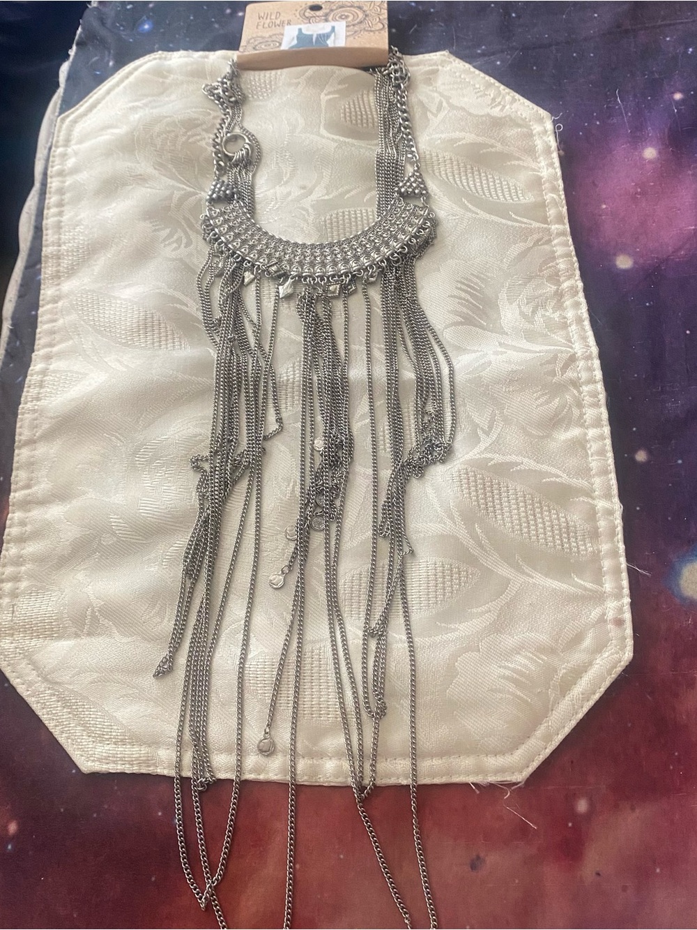 Wild Flower Silver Tone Long Statement Bib Necklace Fringe Festival Boho New NWT